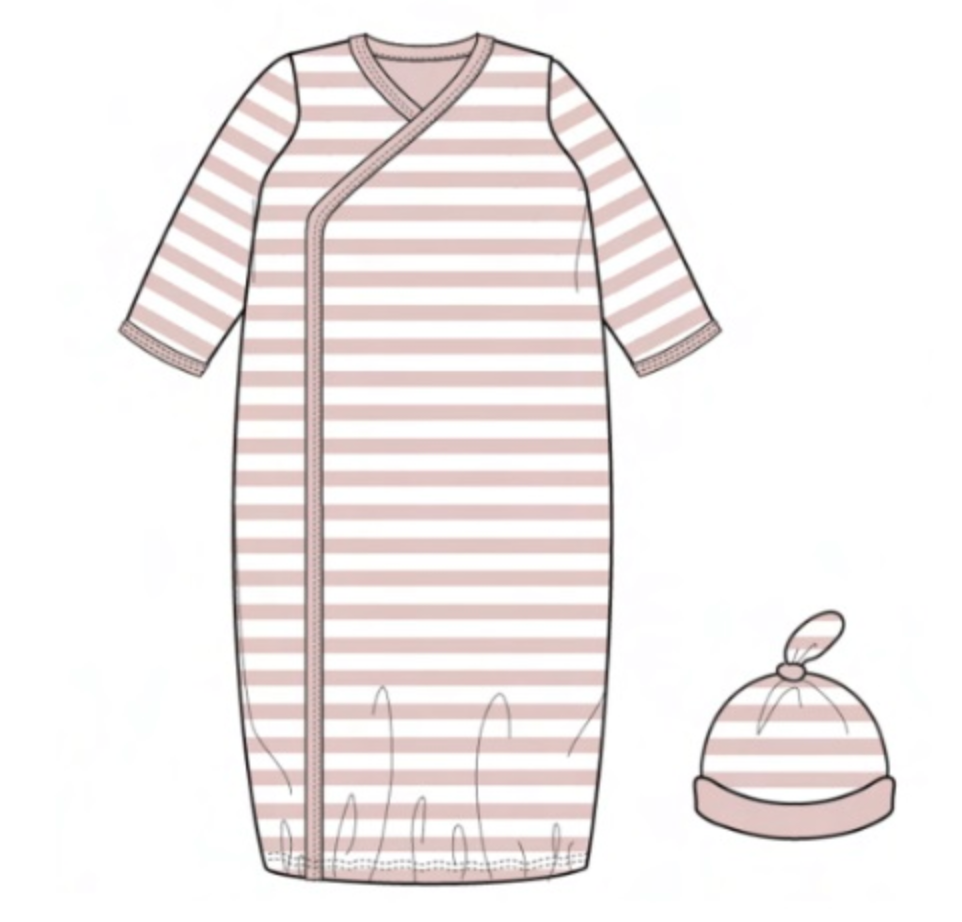 The Magnetic Me Baby Stripe Organic Cotton Gown & Hat set features a pink and white striped long-sleeve gown with a matching knot-top hat for newborns.