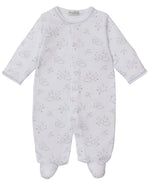 The Kissy Kissy Baby Cheerful Good Night Printed Footie is a soft pima cotton sleepsuit with long sleeves, covered feet, and a charming grey print of clouds, moons, and stars.