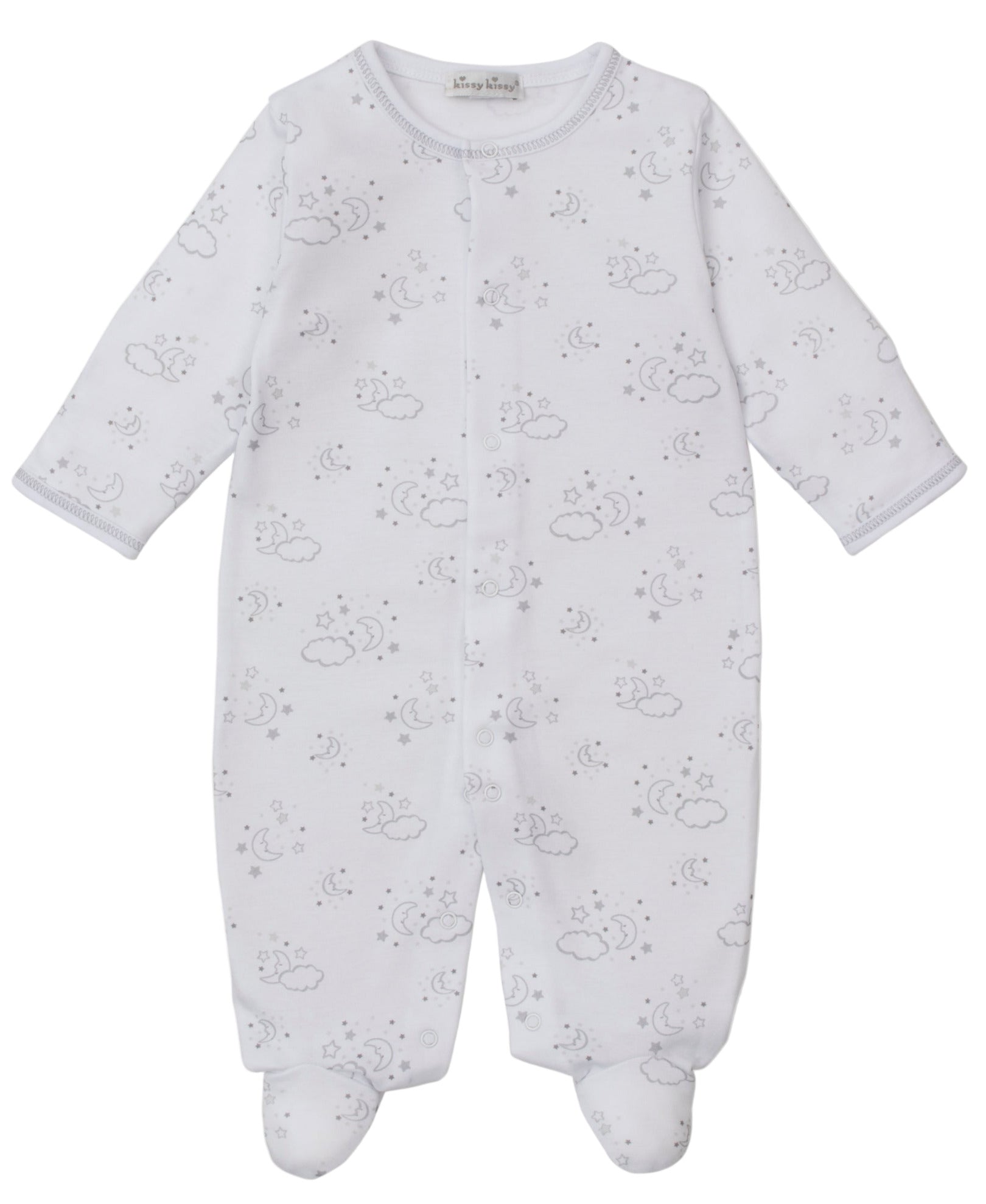 The Kissy Kissy Baby Cheerful Good Night Printed Footie is a soft pima cotton sleepsuit with long sleeves, covered feet, and a charming grey print of clouds, moons, and stars.