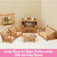 The Calico Critters Comfy Living Room Set includes two armchairs, a sofa, coffee table, cabinet with TV, side table, window, and floral upholstery—perfectly designed dollhouse furniture for your Calico Critters figures.