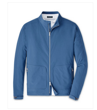 The Peter Millar Contour Jacket, by the brand Peter Millar, is a blue zip-up jacket made of flexible fabric, featuring a stand collar and two front pockets for comfort and style.