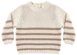 Beige knit Baby and Kids’ Rex Sweater by Quincy Mae, featuring a round collar and subtle ribbed detailing, with light brown horizontal stripes across the sleeves and lower body, laid flat on a white background. A classic Quincy Mae piece.