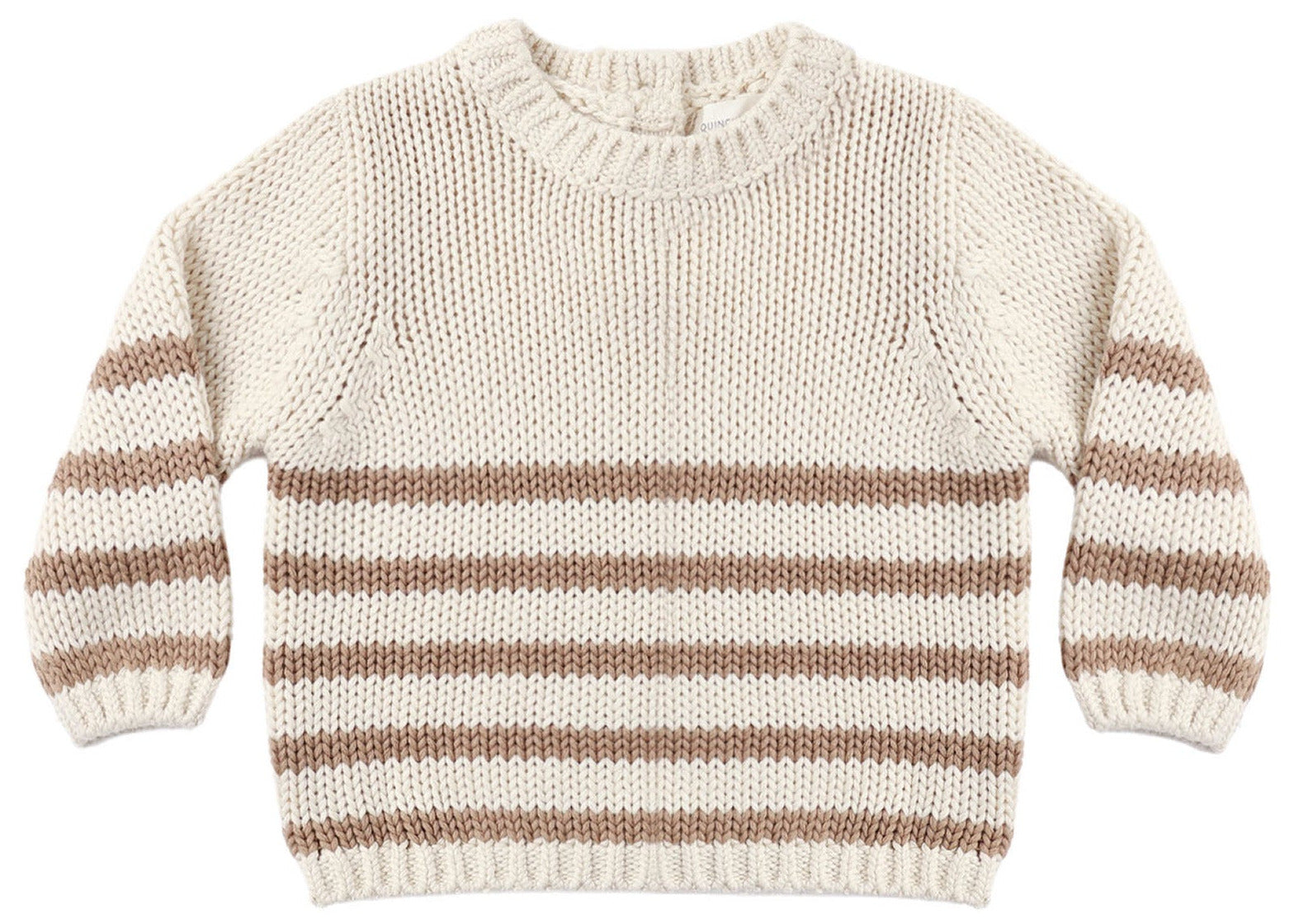 Beige knit Baby and Kids’ Rex Sweater by Quincy Mae, featuring a round collar and subtle ribbed detailing, with light brown horizontal stripes across the sleeves and lower body, laid flat on a white background. A classic Quincy Mae piece.