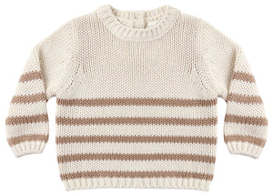Beige knit Baby and Kids’ Rex Sweater by Quincy Mae, featuring a round collar and subtle ribbed detailing, with light brown horizontal stripes across the sleeves and lower body, laid flat on a white background. A classic Quincy Mae piece.