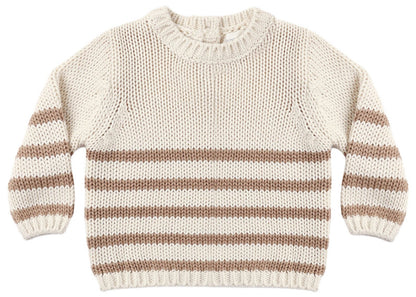 Beige knit Baby and Kids’ Rex Sweater by Quincy Mae, featuring a round collar and subtle ribbed detailing, with light brown horizontal stripes across the sleeves and lower body, laid flat on a white background. A classic Quincy Mae piece.