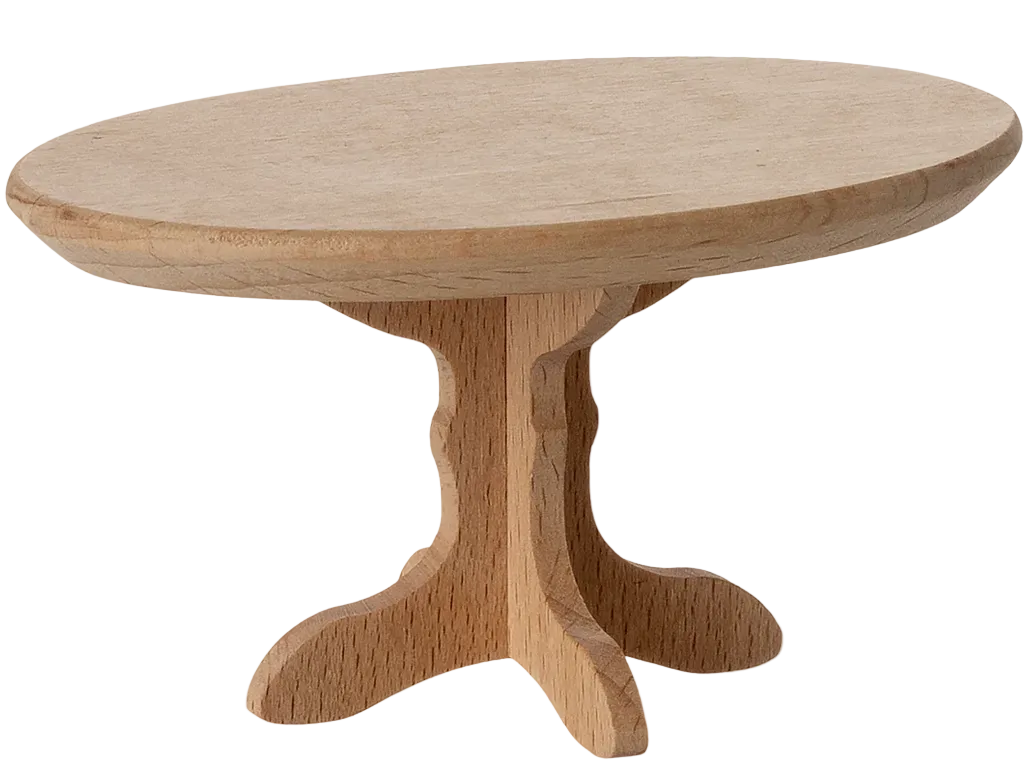 The Maileg Nature Oval Coffee Table - Mouse is a small, oval-shaped wooden coffee table with a pedestal base, crafted from light-colored wood—perfect for a mouse home or paired with the Mouse Sofa Bed. Product shown isolated on a white background.