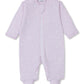 The Kissy Kissy Baby Crescent Moonlight Zip Footie, in light purple Pima cotton with a stars and moons pattern, provides cozy comfort and style.