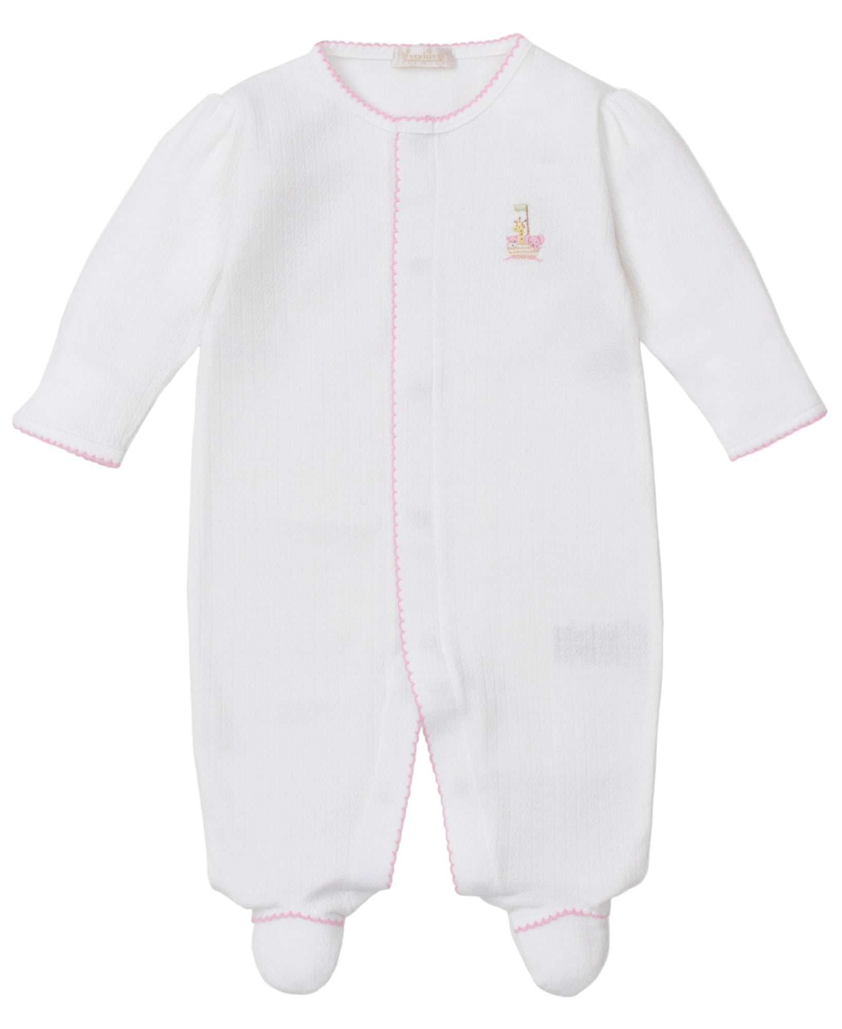 The Kissy Kissy Baby Premier Noah's Ark Footie with Hand Emb. is a soft Pima cotton white long-sleeve onesie featuring pink trim and delicate embroidered animal and sailboat details, perfect for fans of charming embroidered baby clothing.
