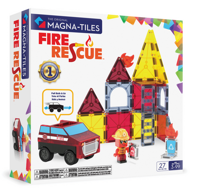 The Magnatiles Fire Rescue 27-Piece Set features magnetic tiles, a fire truck, firefighter figure, and fire-themed accessories. This set inspires imaginative play for ages 3 to 99.