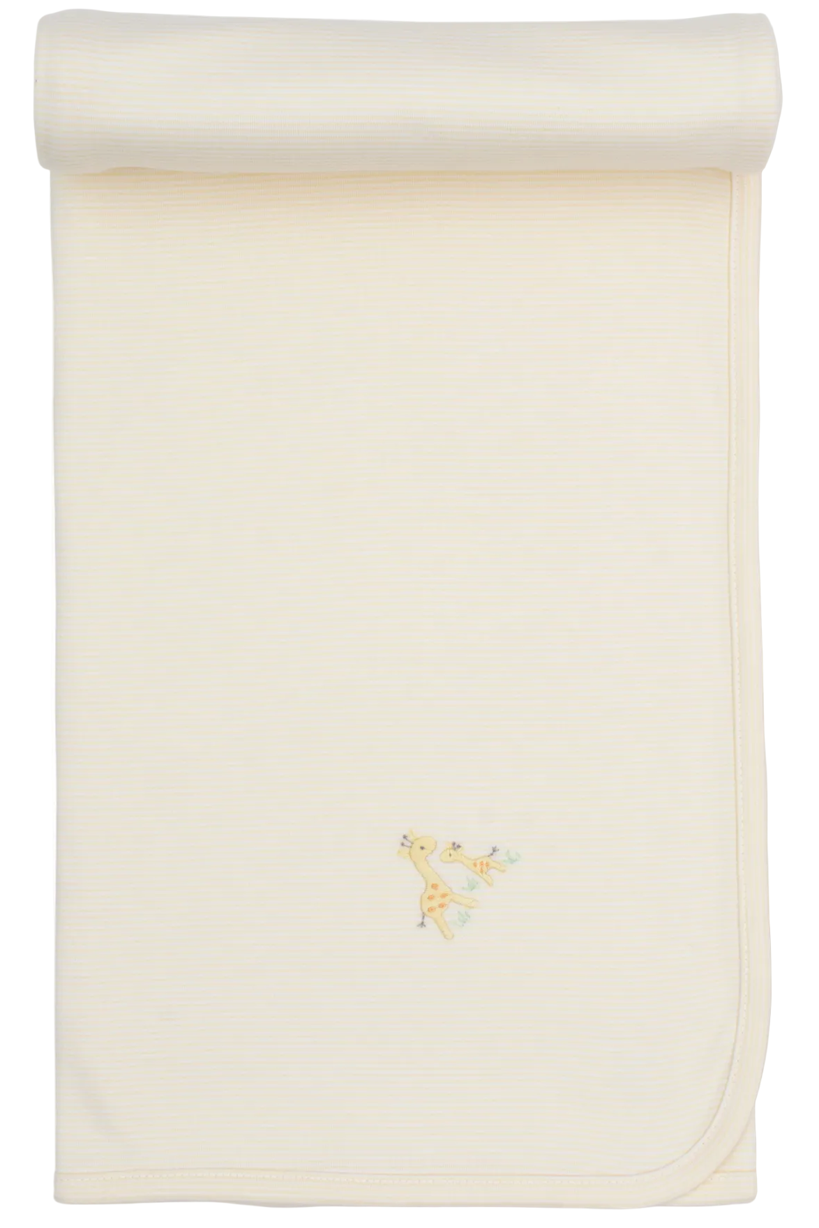 The Kissy Kissy Premier Giraffe Love Hand Emb. Striped Blanket is a cream-colored Pima cotton baby blanket featuring subtle stripes, rolled at one end and adorned with a small hand-embroidered giraffe near the corner.