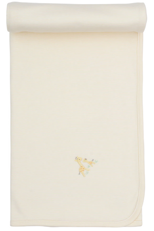 The Kissy Kissy Premier Giraffe Love Hand Emb. Striped Blanket is a cream-colored Pima cotton baby blanket featuring subtle stripes, rolled at one end and adorned with a small hand-embroidered giraffe near the corner.