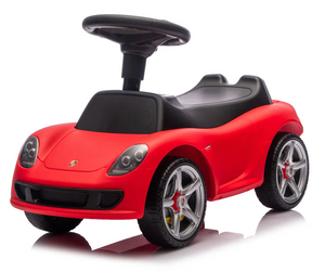Freddo Porsche 911 Carrera GT Foot-to-Floor Ride-On for children, featuring a sleek red design with a black seat, oversized steering wheel, and lifelike details—photographed on a white background—ideal as a stylish luxury kids’ car or an exciting foot-to-floor ride-on vehicle.