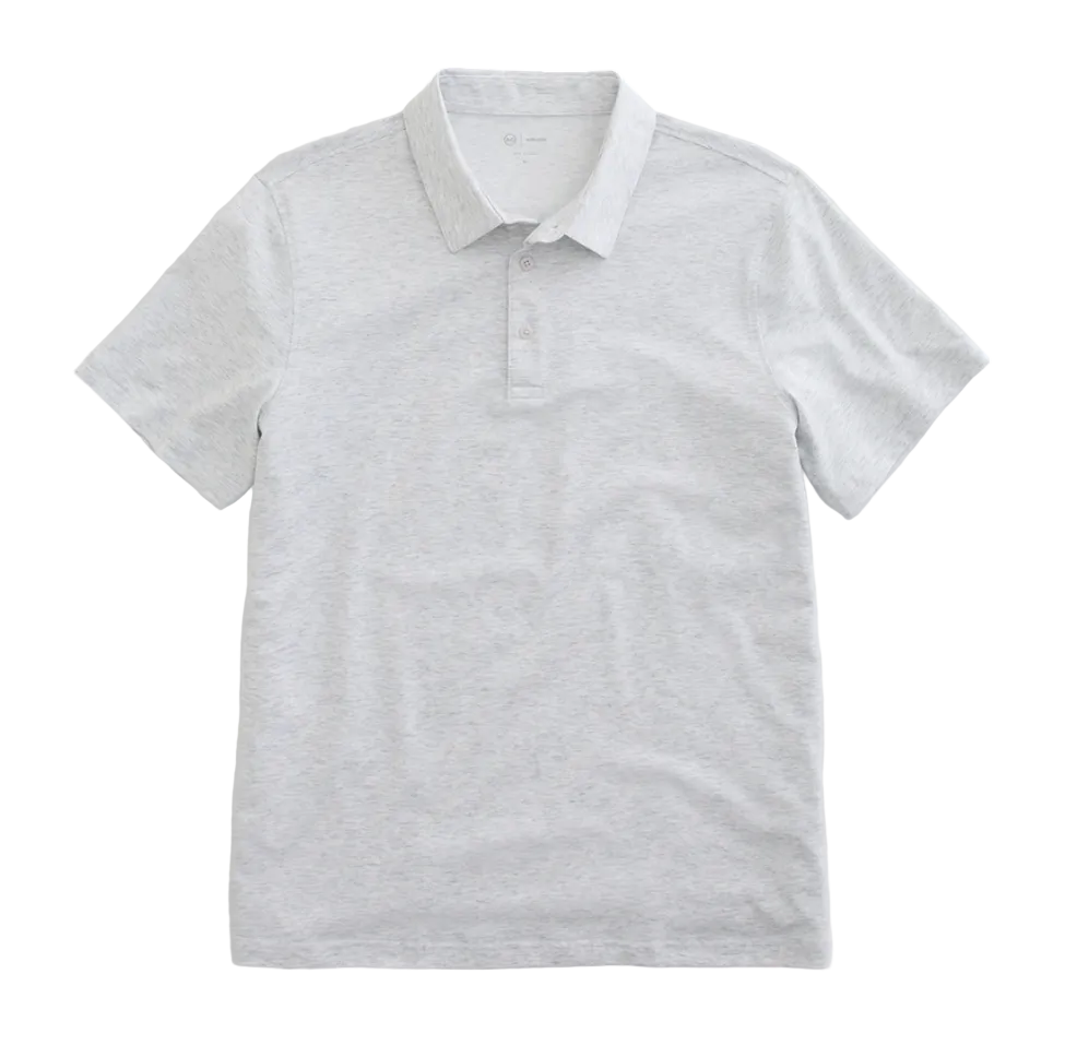 A classic-fit light gray Bryce Polo by AG Jeans, featuring short sleeves, a collar, and three buttons, is laid flat against a white background. This moisture-wicking Active Performance polo is designed for comfort and versatility.