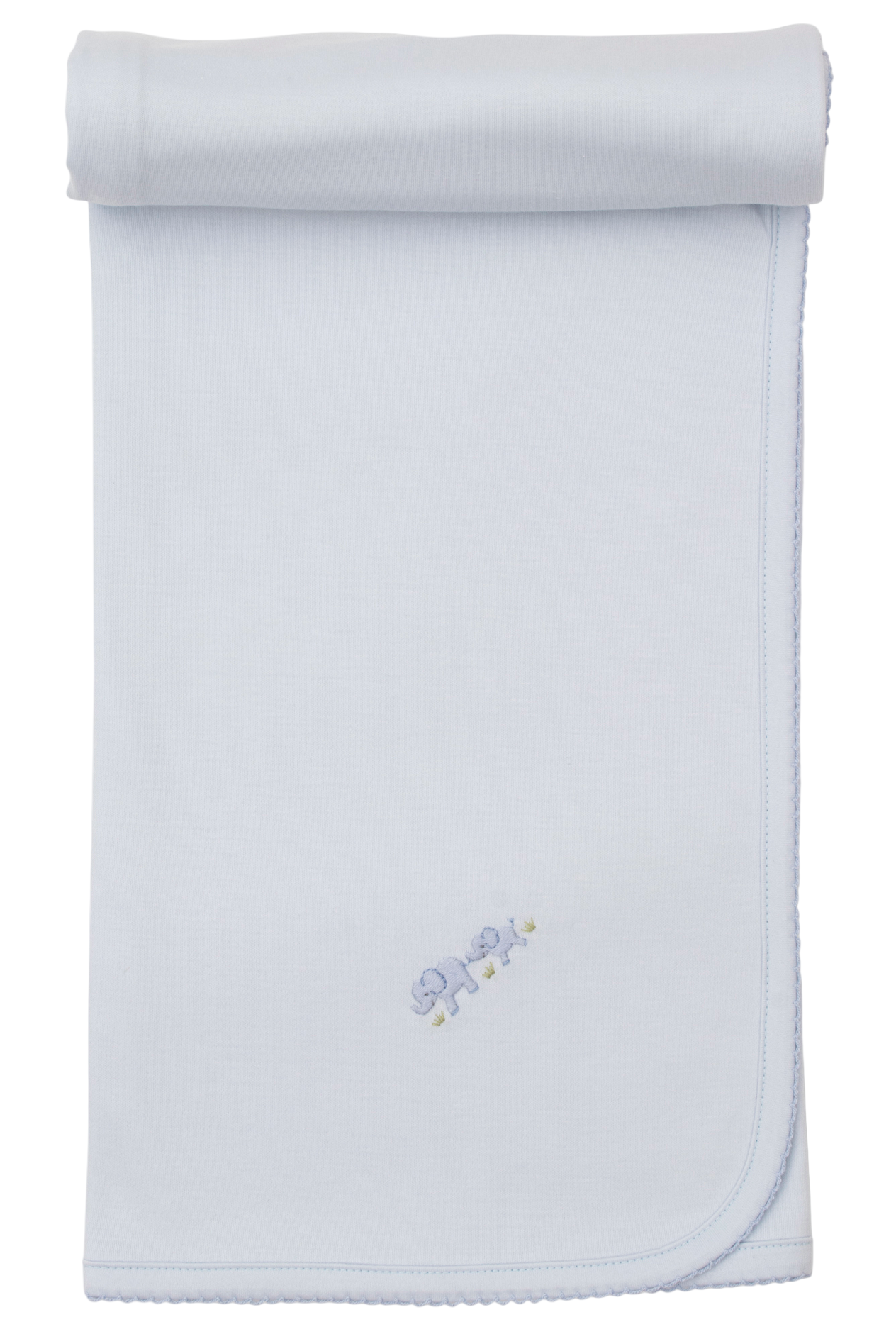 A light blue Kissy Kissy Premier Elephant Esprit Blanket, crafted from soft Pima cotton, is neatly folded with hand embroidery near one corner.