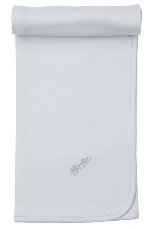 A light blue Kissy Kissy Premier Elephant Esprit Blanket, crafted from soft Pima cotton, is neatly folded with hand embroidery near one corner.