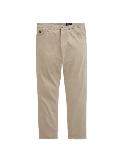 Showcased on a white background, the Tellis Sueded Sateen Jeans by AG Jeans are a pair of beige men’s pants crafted from stretch sateen fabric, featuring a modern slim jean silhouette with front and back pockets, belt loops, and a button closure.