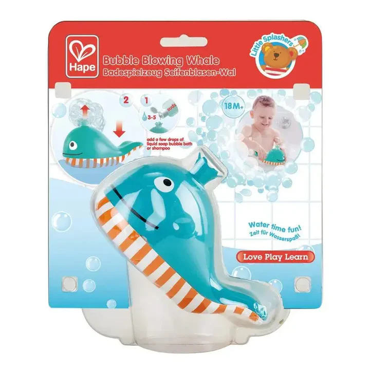The Hape Blowing Bubble Whale bath toy features a blue whale and cup, making bath time fun for children aged 18 months and up.