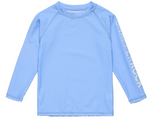 The Snapper Rock Boys' LS Rash Top in coastal blue features "SNAPPERROCK" in white on the left sleeve and is shown laid flat on a white background—a stylish pick for sun protection.