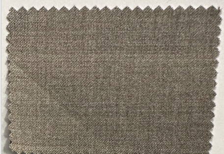 A rectangular swatch of light brown wool fabric from Samuelsohn's Slim Fit Flat Front Wool Pants, featuring a slightly coarse texture and zigzag-cut edges, is displayed on a white background.