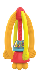 The Manhattan Toy My Rocket Toy is a brightly colored baby rattle featuring a red, yellow, and blue design, a clear chamber filled with small balls, and textured teething handles, shown isolated on a white background.