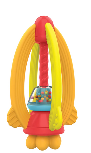 The Manhattan Toy My Rocket Toy is a brightly colored baby rattle featuring a red, yellow, and blue design, a clear chamber filled with small balls, and textured teething handles, shown isolated on a white background.