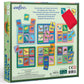 Back of an Eeboo Dinosaur Bingo game box featuring illustrated dinosaur bingo cards, tiles with prehistoric dinosaurs, a red bag, and text about learning dinosaur names through play.