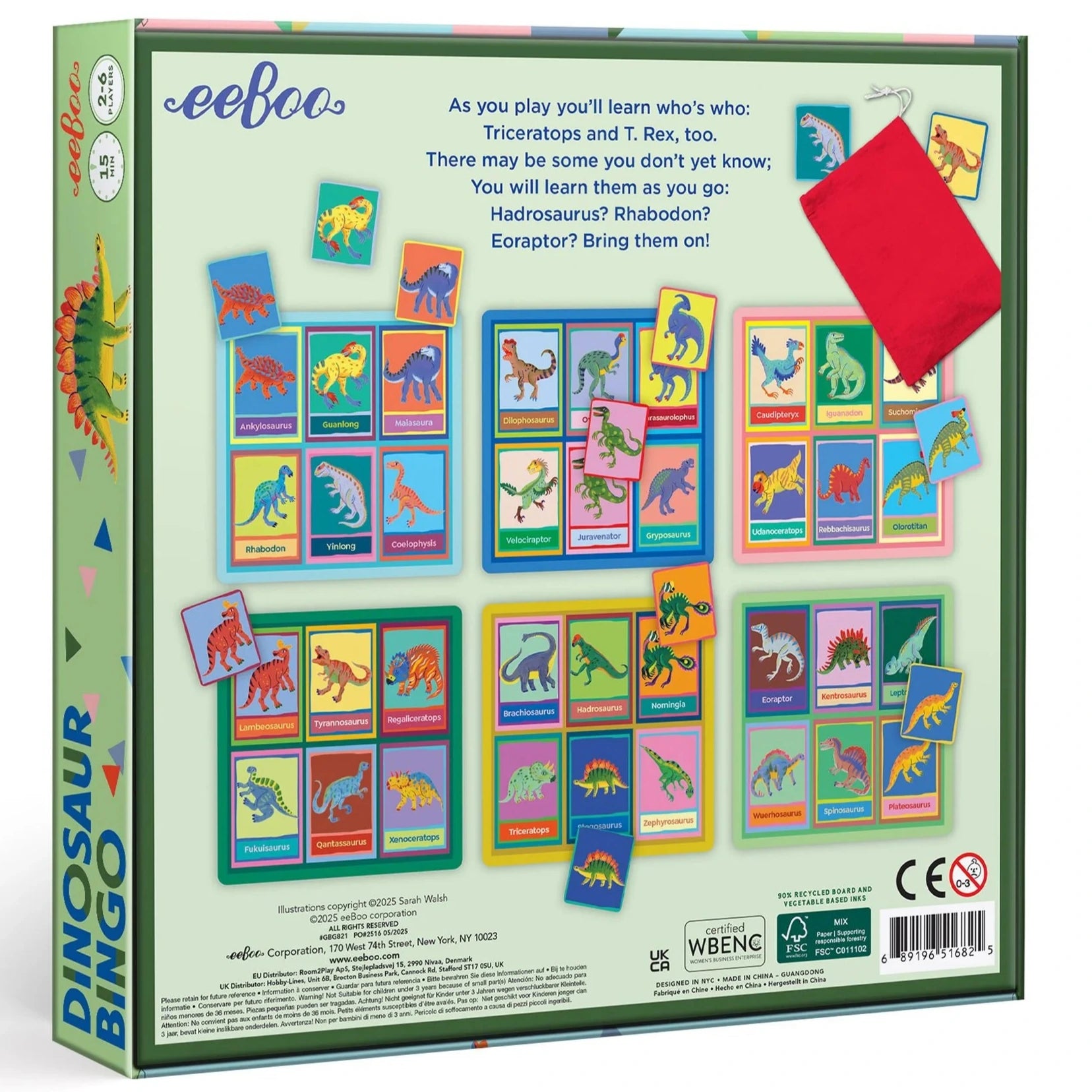 Back of an Eeboo Dinosaur Bingo game box featuring illustrated dinosaur bingo cards, tiles with prehistoric dinosaurs, a red bag, and text about learning dinosaur names through play.