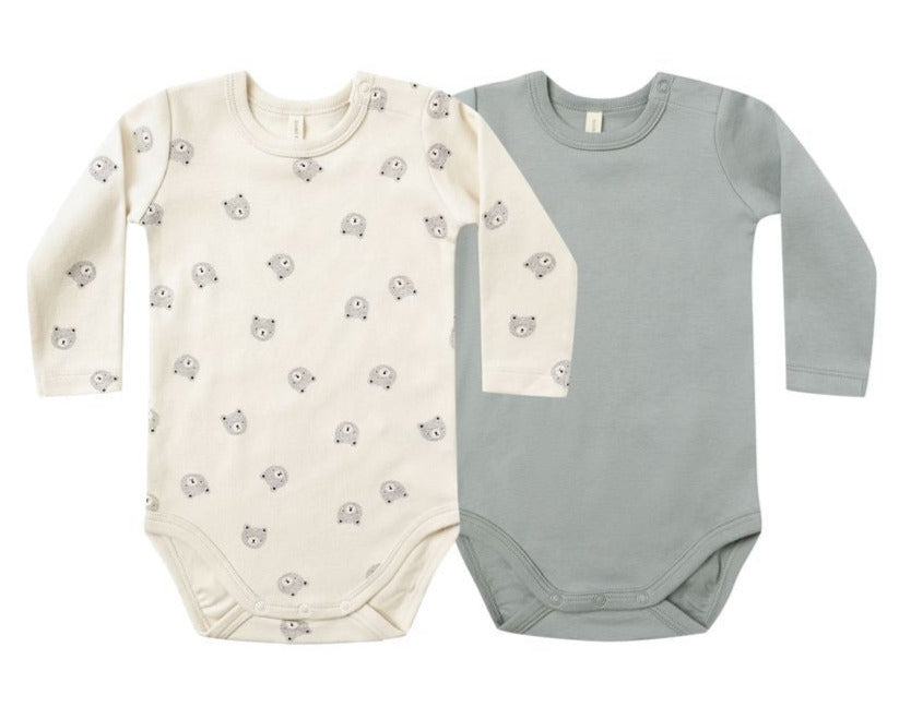 Quincy Mae Baby Jersey Bodysuit 2-Pack: includes one cream with bear faces and one solid light gray, both in soft organic brushed jersey with snap bottoms and a shoulder button for easy changes.