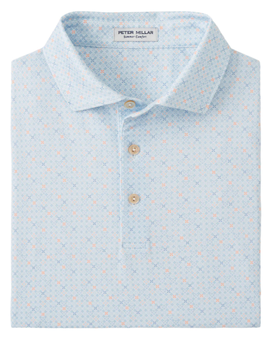 The Peter Millar Castellina Performance Jersey Polo features a light blue geometric pattern, three beige buttons, and four-way stretch fabric for comfort and ease of movement.