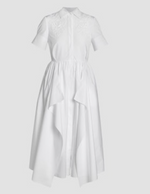 The Erdem Short Sleeve Midi Shirt Dress features a collared neckline, button-down front, Elena Garden embroidery on the chest, and a draped skirt.