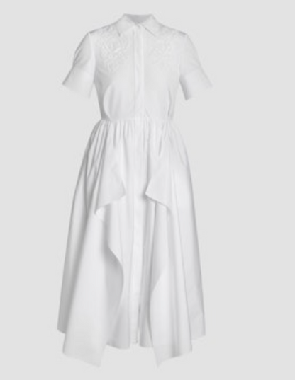 The Erdem Short Sleeve Midi Shirt Dress features a collared neckline, button-down front, Elena Garden embroidery on the chest, and a draped skirt.