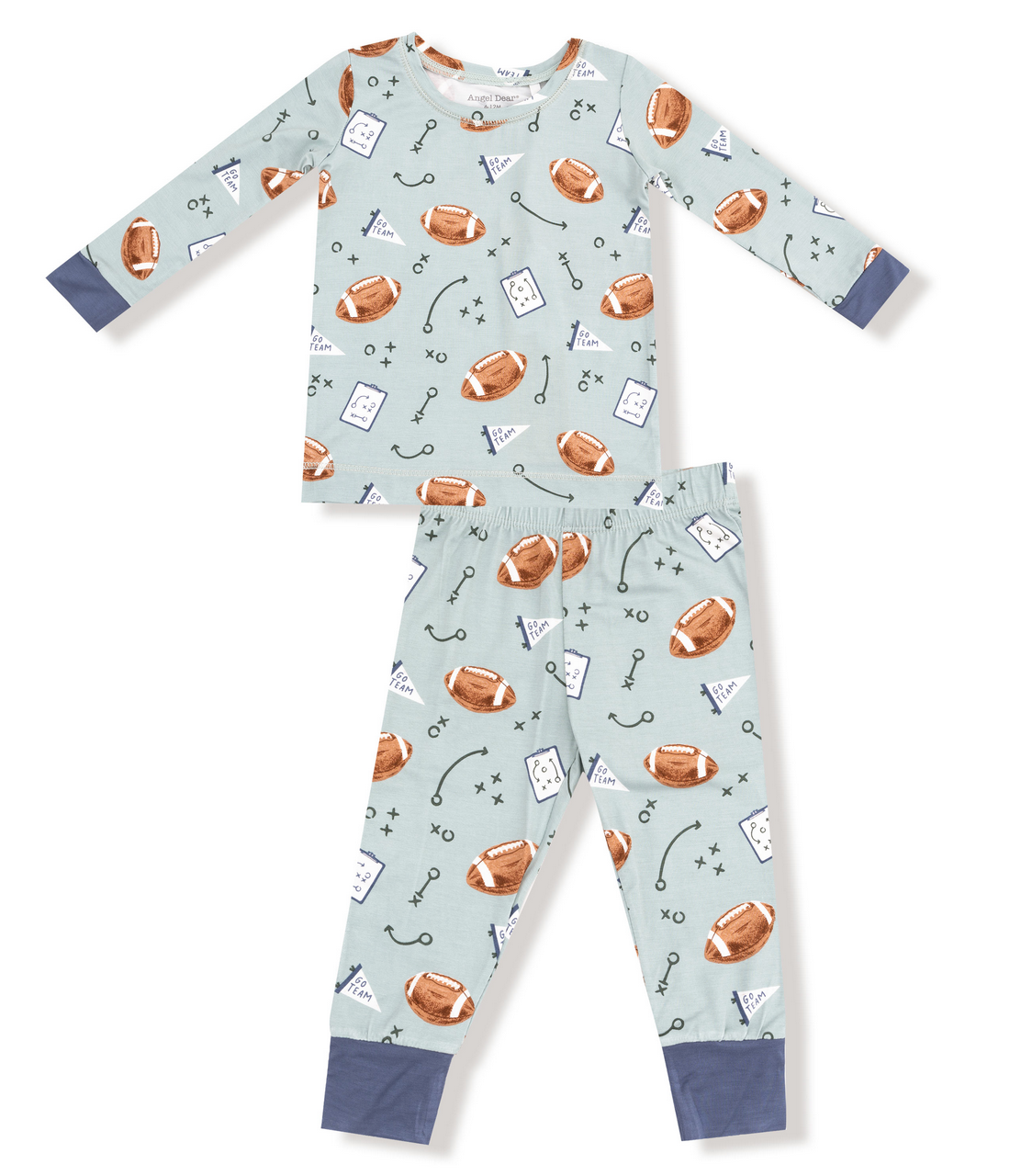 The Angel Dear Baby and Kids' Long Sleeve Loungewear Set features football-themed prints—footballs, pennants, play diagrams, and whistles—on light blue with dark cuffs. Crafted from breathable fabric for all-night comfort.