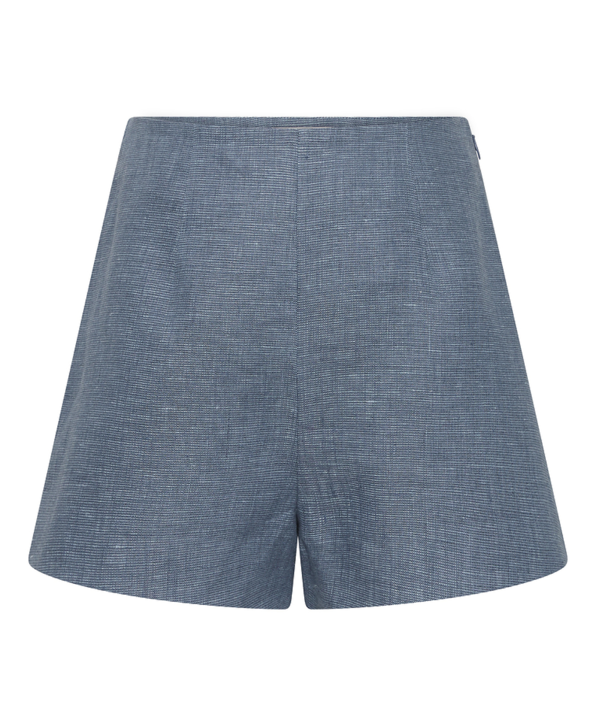 Front view of POSSE's Thea Short in blue chambray linen, showing its subtle textured pattern, flat waistband, and adjustable tabs for a custom fit.