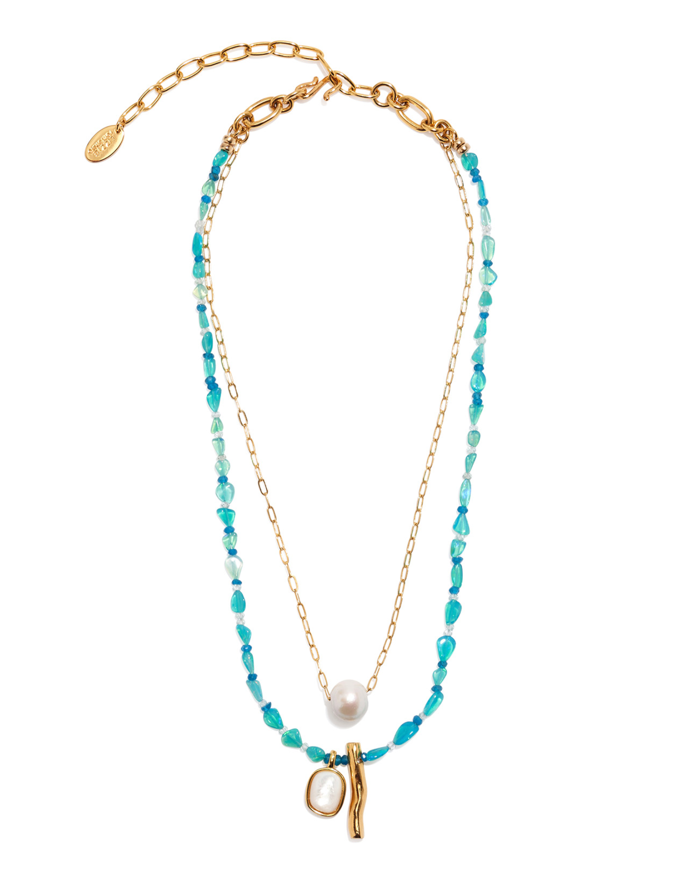 The Miyako Necklace by Lizzie Fortunato features a gold chain with aquamarine beads, a freshwater pearl, a gold branch-shaped pendant, and an oval charm, shown on a white background.