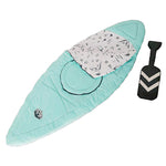 An Asweets Kayak Sleeping Bag with Oar in light teal and white, made from durable nylon, showcases playful patterns.