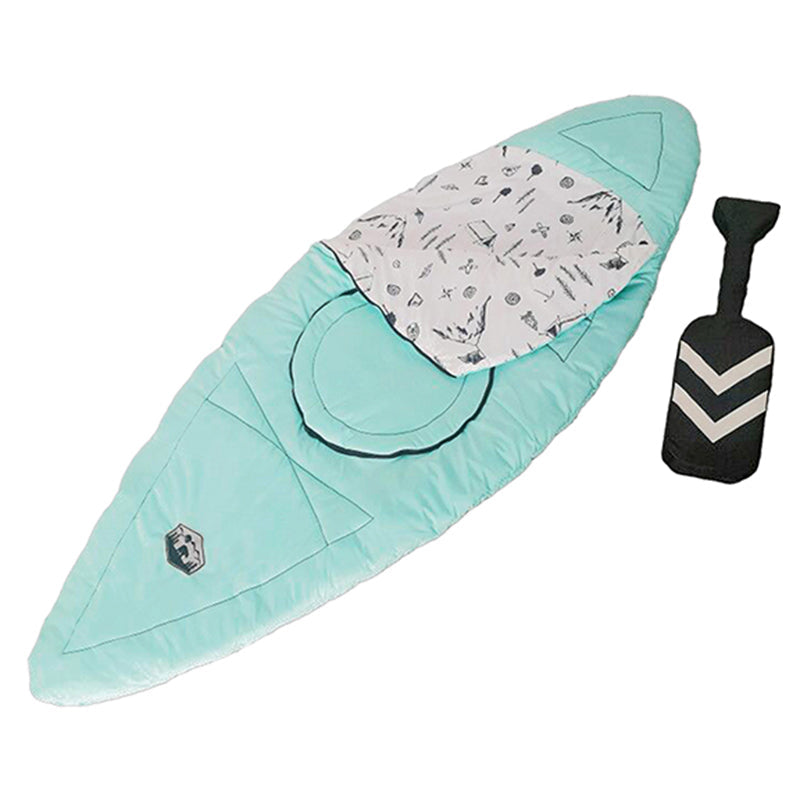 An Asweets Kayak Sleeping Bag with Oar in light teal and white, made from durable nylon, showcases playful patterns.