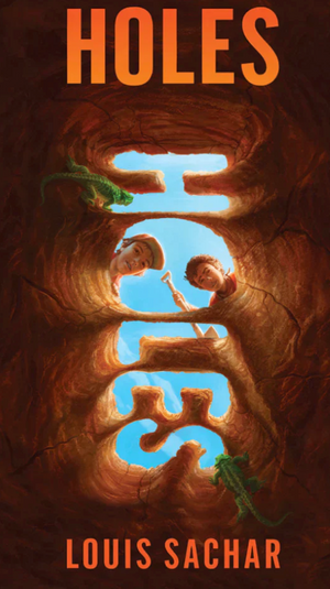 Yoto Card: Holes by Yoto features cover art inspired by the modern classic "Holes," showing Stanley Yelnats and another boy peering into a hole at Camp Green Lake, with lizards nearby and the sky forming the word "HOLES.