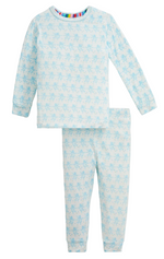 The Baby and Kids’ Trunkettes Pajama Set by Magnetic Me features a long-sleeve top and matching pants adorned with a light blue robot print on a white background. Crafted from soft modal fabric for ultimate comfort, this pajama set includes a crew neck top and is designed for easy dressing, making bedtime simple and stress-free.