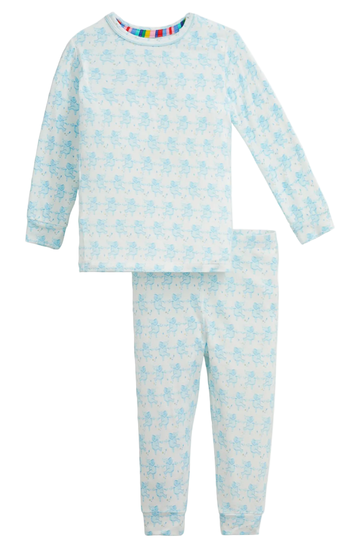 The Baby and Kids’ Trunkettes Pajama Set by Magnetic Me features a long-sleeve top and matching pants adorned with a light blue robot print on a white background. Crafted from soft modal fabric for ultimate comfort, this pajama set includes a crew neck top and is designed for easy dressing, making bedtime simple and stress-free.