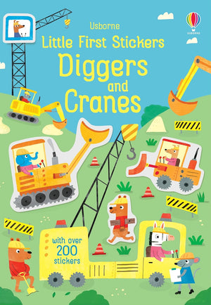 The "Little First Stickers Diggers and Cranes" activity book from Harper Collins features a colorful cover with cartoon animals at construction sites, and includes over 200 stickers inside.