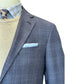 Mannequin wearing Canali Kei Blue/Grey Plaid Blazer, beige sweater, blue plaid shirt, patterned tie, and light blue pocket square, isolated on white background.
