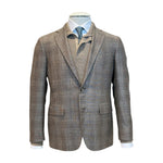 The Kei Brown/Tan Plaid Blazer by Canali is displayed on a mannequin, layered over a beige sweater, crisp white dress shirt, and teal patterned tie.