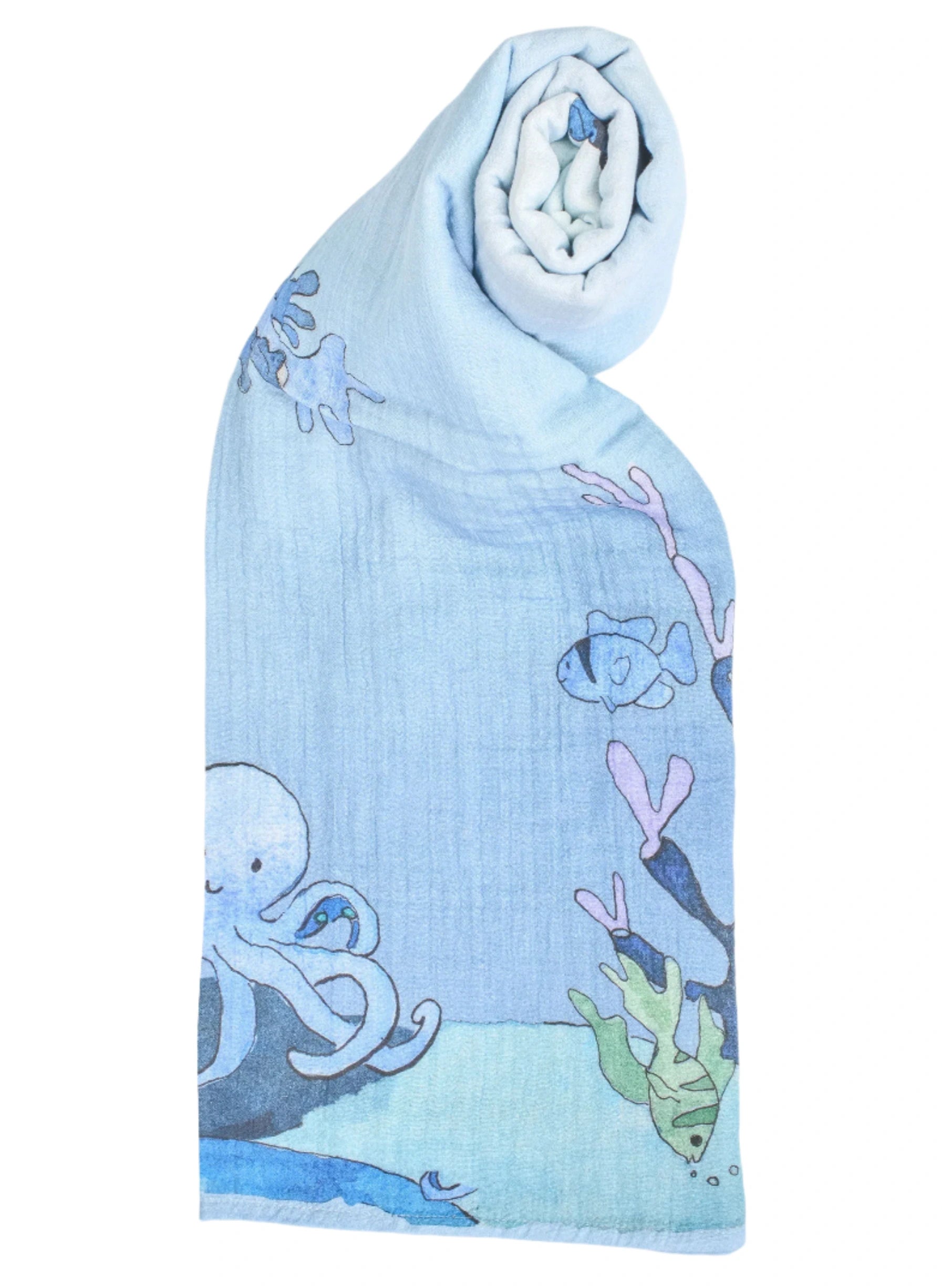The Timo & Violet Shawl Blanket is a light blue organic cotton muslin baby accessory with octopus, fish, and seaweed illustrations, partially rolled at one end for added coziness.