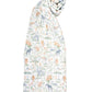 A rolled-up Timo & Violet Shawl Blanket made from white organic cotton, featuring a pastel animal and nature print with elephants, giraffes, and trees.