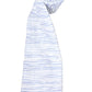 The Timo & Violet Shawl Blanket is made from organic cotton, white with thin horizontal blue stripes, and partially rolled up at one end.