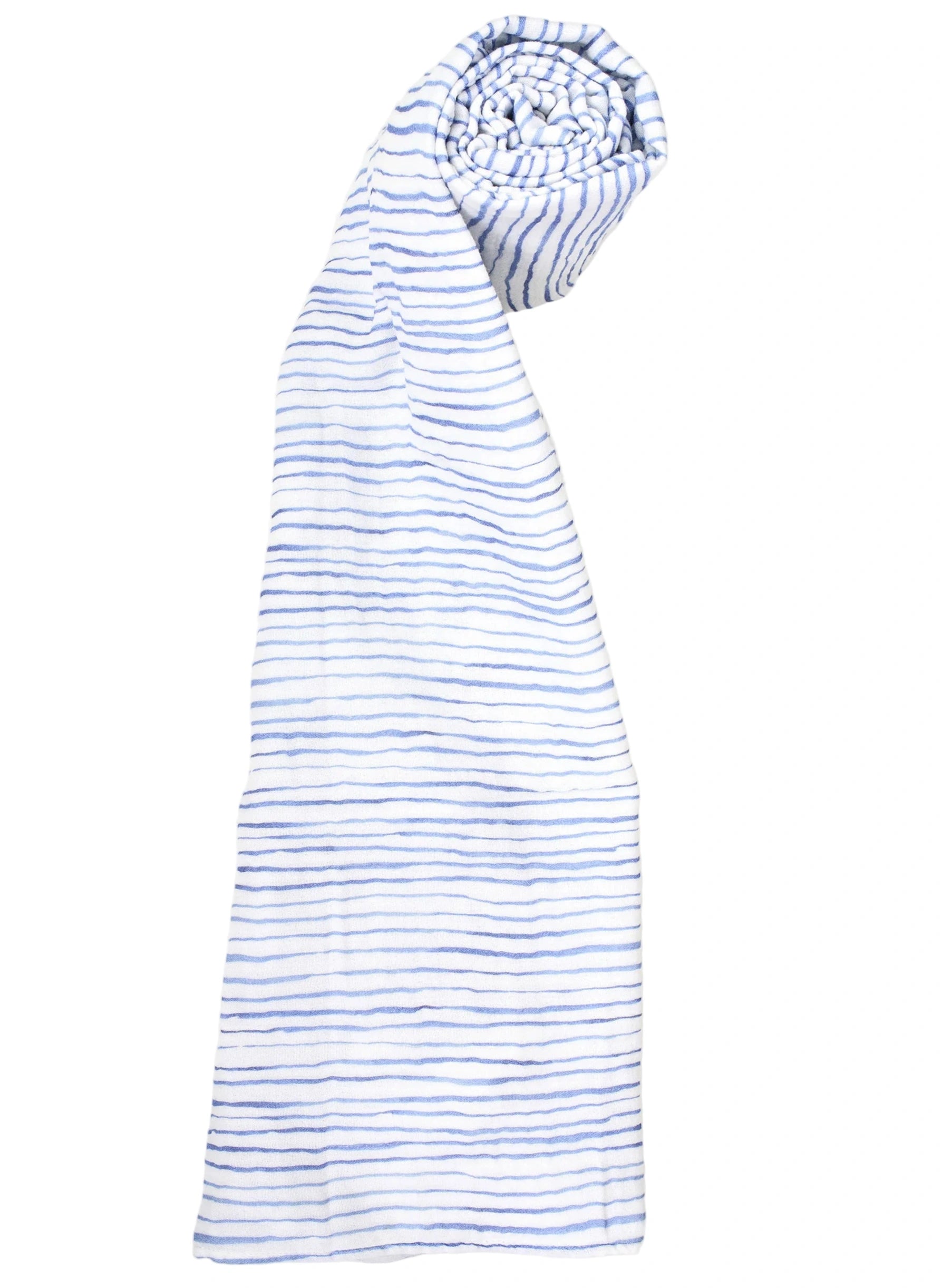 The Timo & Violet Shawl Blanket is made from organic cotton, white with thin horizontal blue stripes, and partially rolled up at one end.