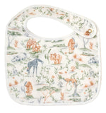 The Perfect Bib by Timo & Violet is a white muslin baby bib adorned with a safari animal print featuring giraffes, lions, rhinos, and zebras in muted colors, and finished with a convenient snap closure at the neck—ideal for keeping your little one clean and stylish.