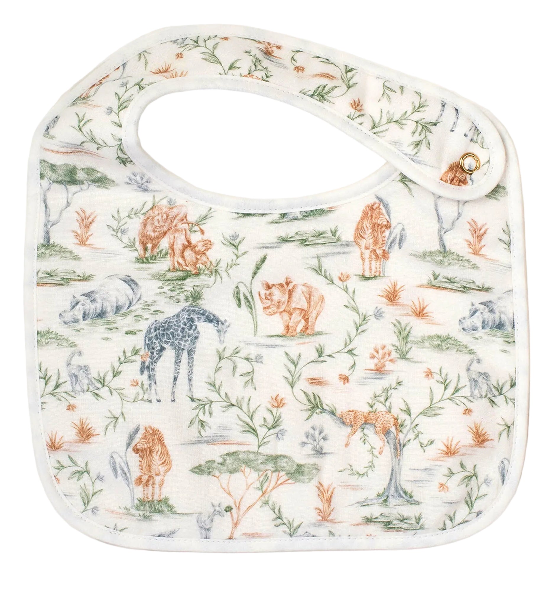 The Perfect Bib by Timo & Violet is a white muslin baby bib adorned with a safari animal print featuring giraffes, lions, rhinos, and zebras in muted colors, and finished with a convenient snap closure at the neck—ideal for keeping your little one clean and stylish.