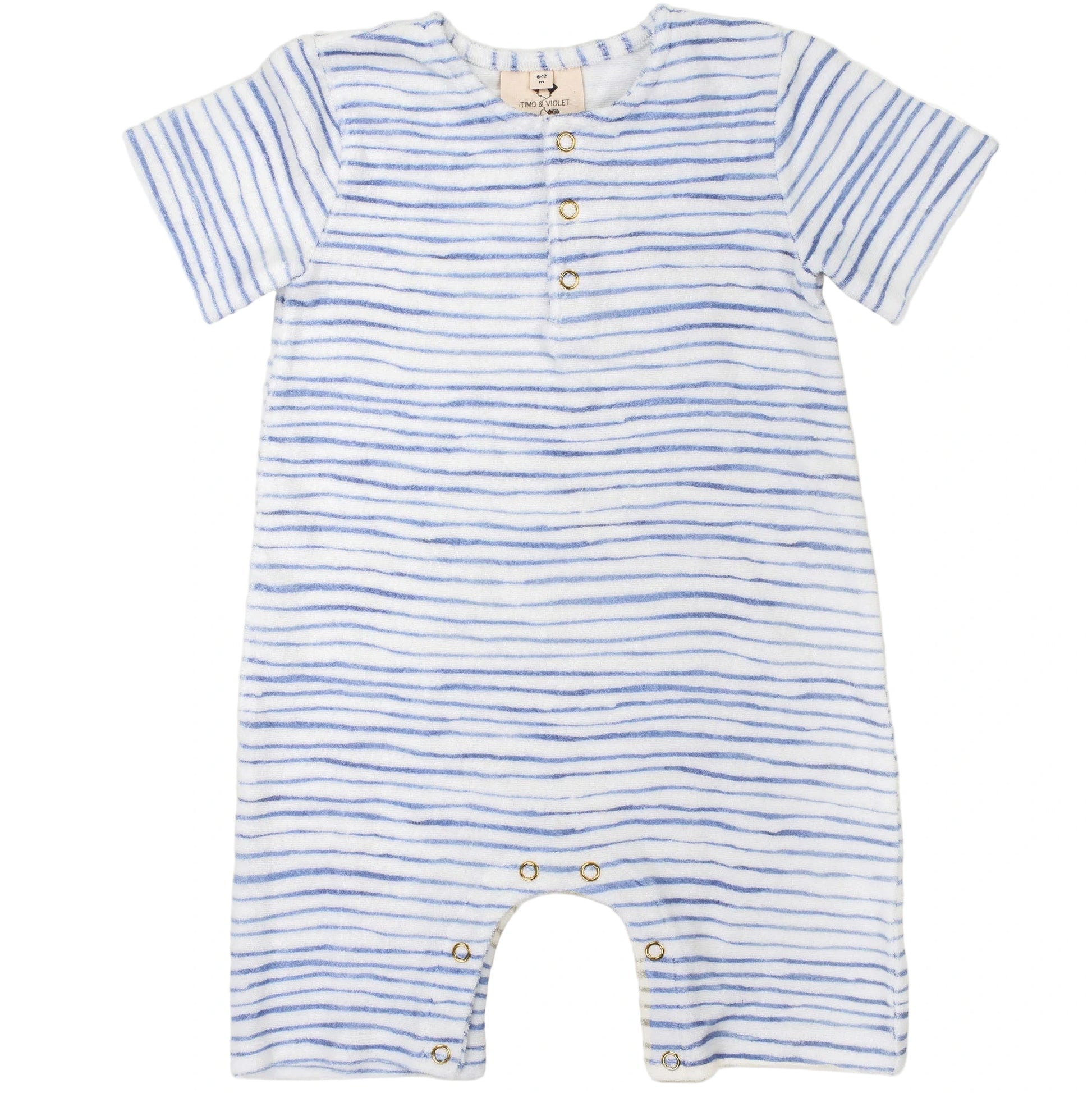 The Timo & Violet Baby Walker Terry Onesie features blue stripes, front buttons, and snap leg closures—an adorable, eco-friendly short-sleeved organic cotton romper for babies. Pictured laid flat on a white background.