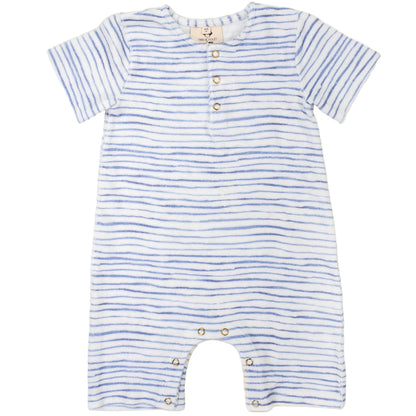 The Timo & Violet Baby Walker Terry Onesie features blue stripes, front buttons, and snap leg closures—an adorable, eco-friendly short-sleeved organic cotton romper for babies. Pictured laid flat on a white background.